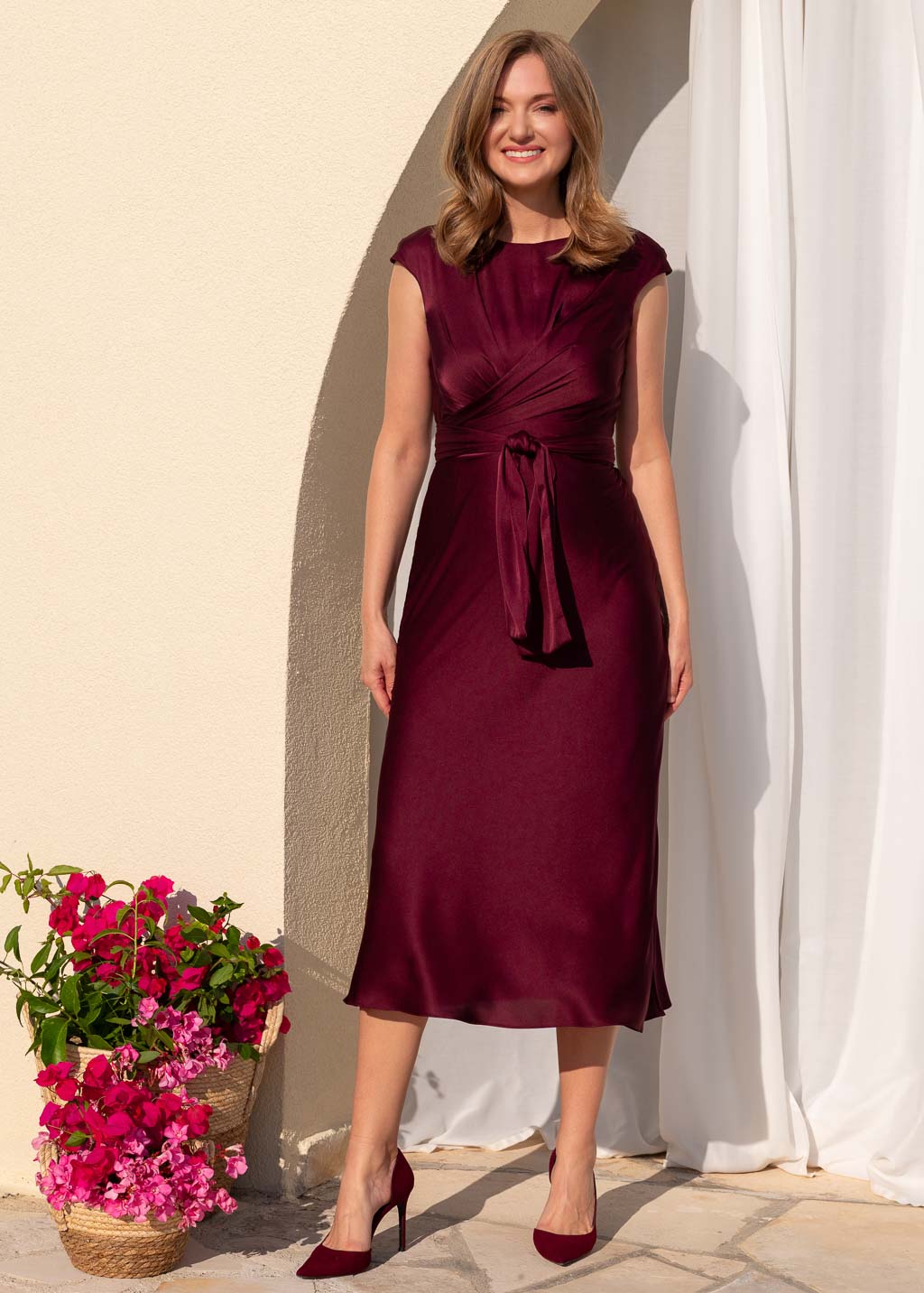 Dark burgundy versatile belt tie midi silk dress