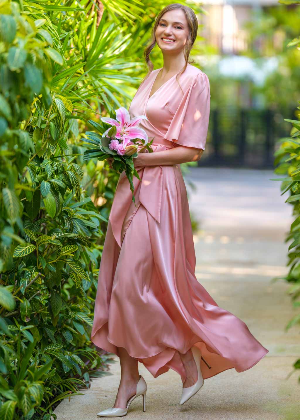 Blush pink silk long wrap dress