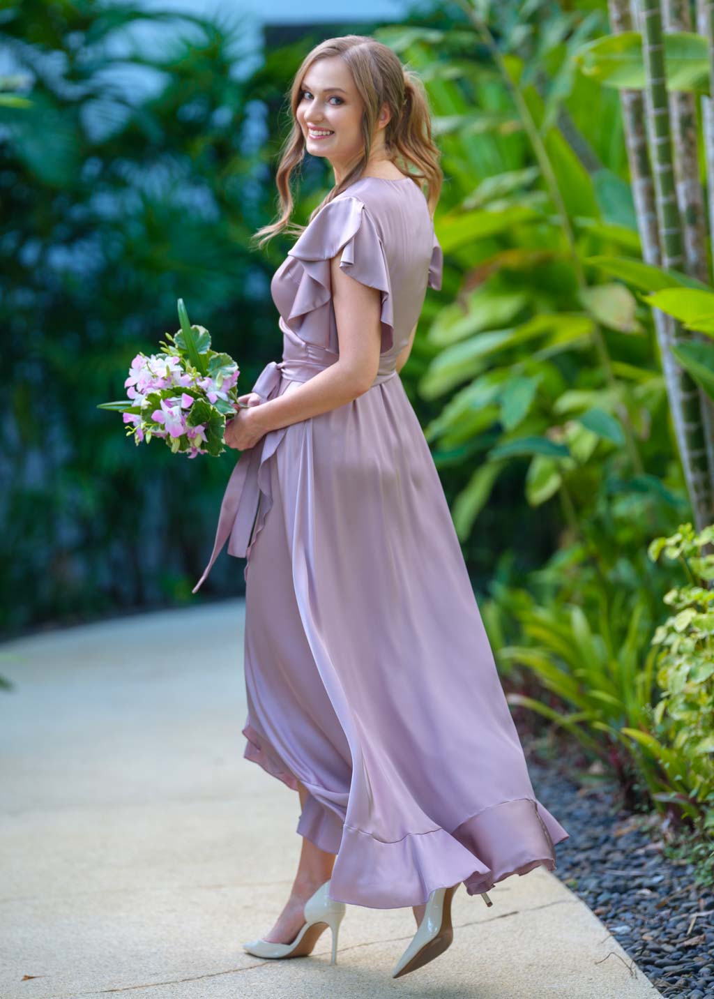 Taupe wrap silk dress