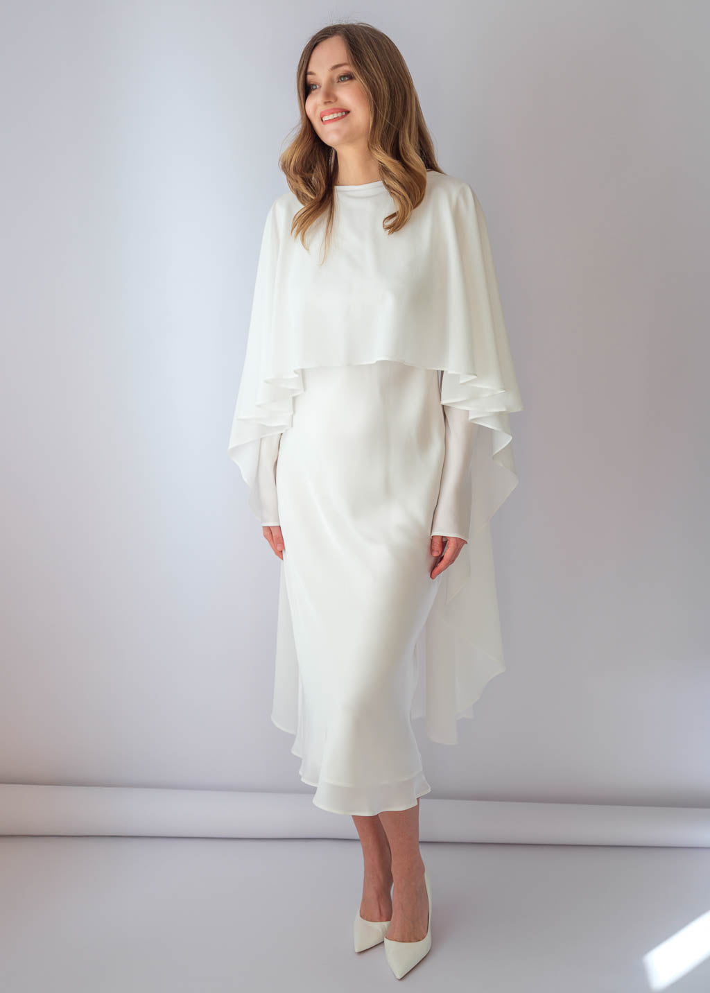 Ivory Silk Wedding Dress with Detachable Chiffon Cape