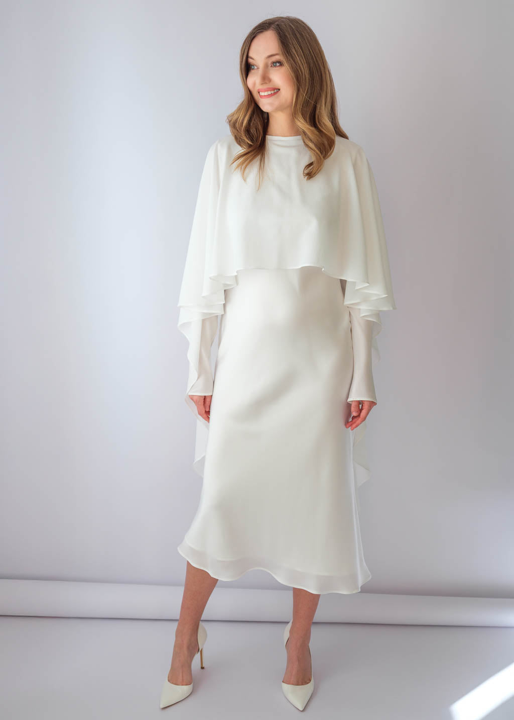 Ivory Silk Wedding Dress with Detachable Chiffon Cape