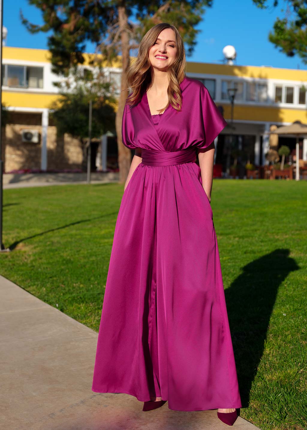 Dark Fuchsia Bridesmaid Infinity Silk Jumpsuit with Pockets
