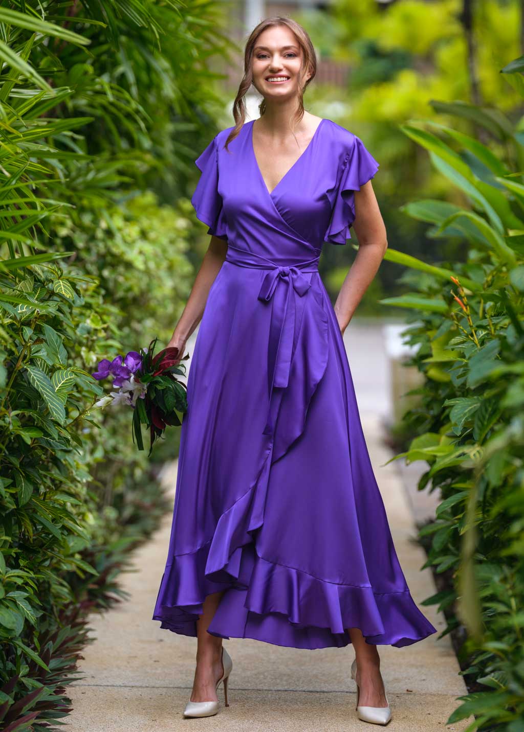 Purple wrap silk dress