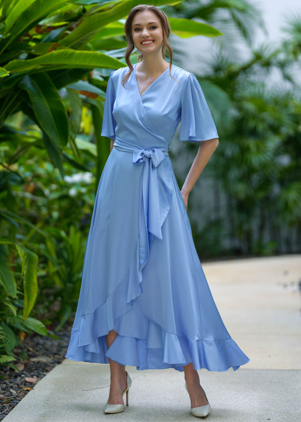 Baby blue wrap silk dress