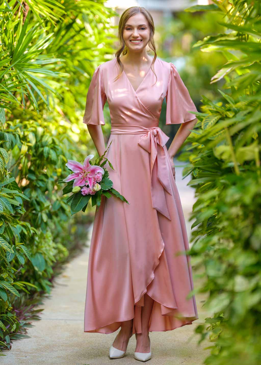 Blush pink silk long wrap dress