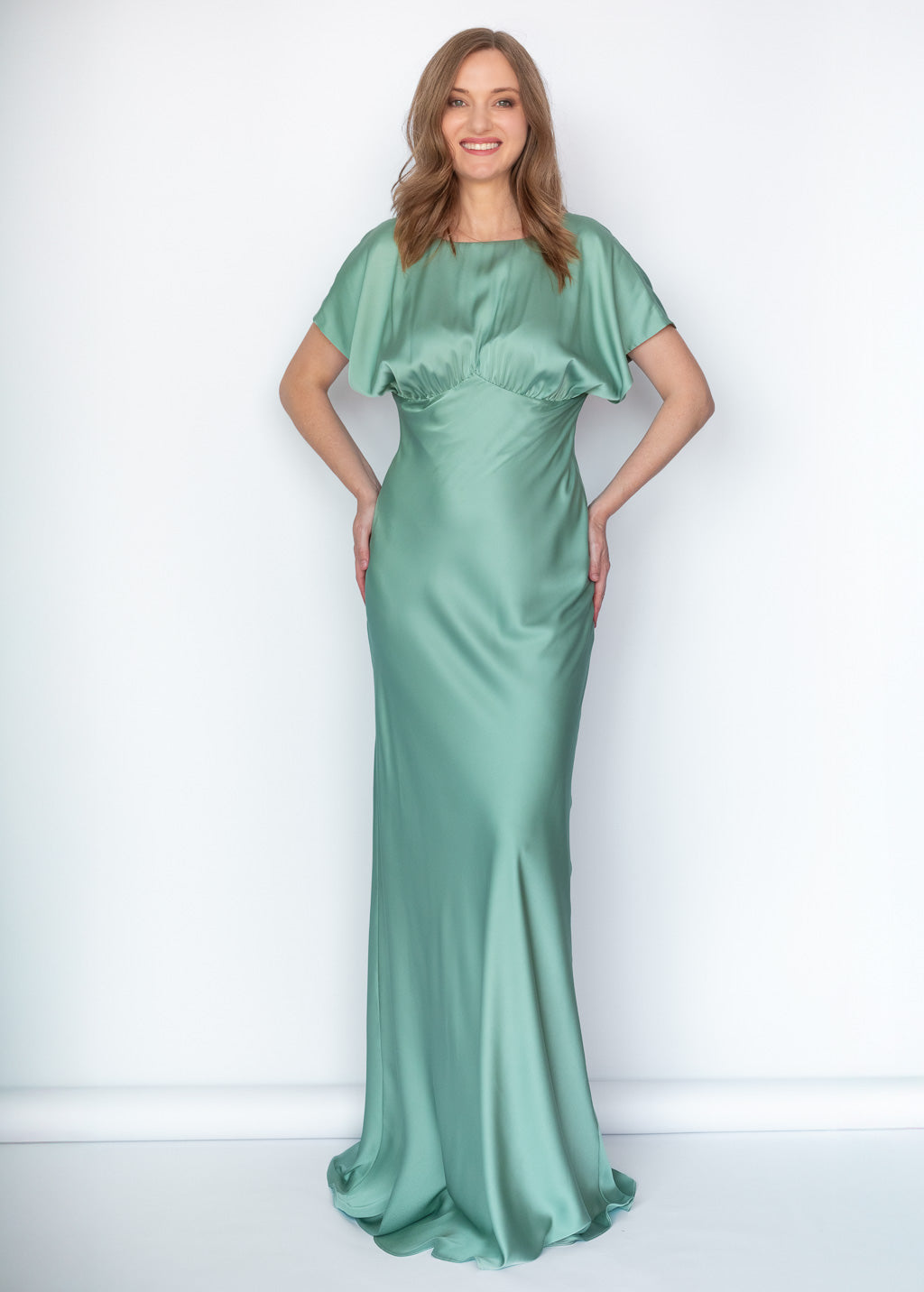 Sage Green Silk Gown with Flutter Sleeves