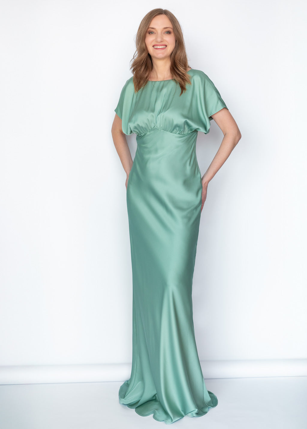 Sage Green Silk Gown with Flutter Sleeves