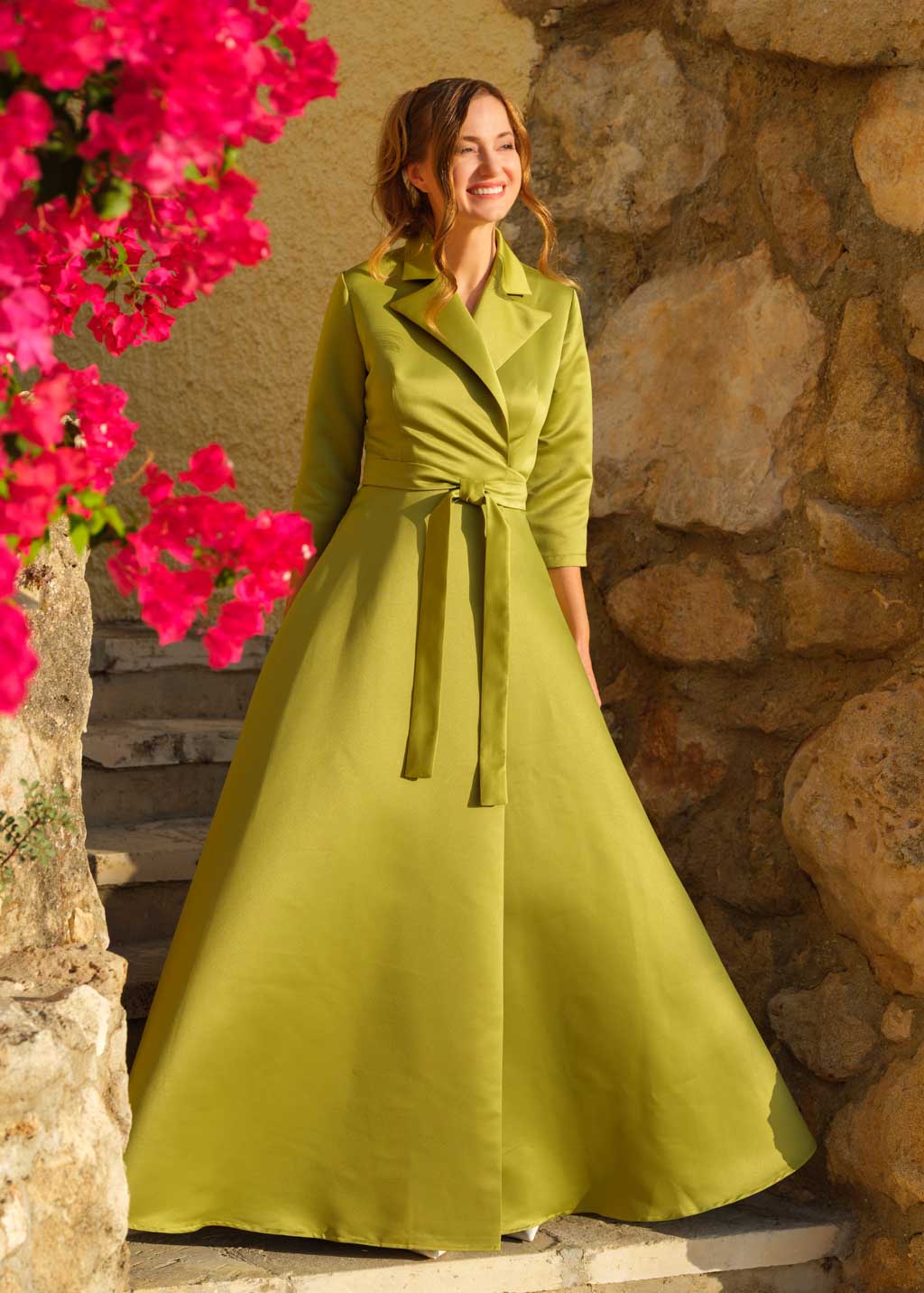 Mother of the Bride & Groom olive satin wrap dress