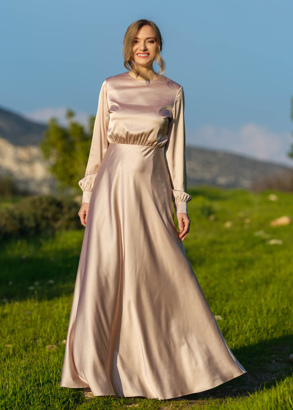 Champagne beige silk long dress