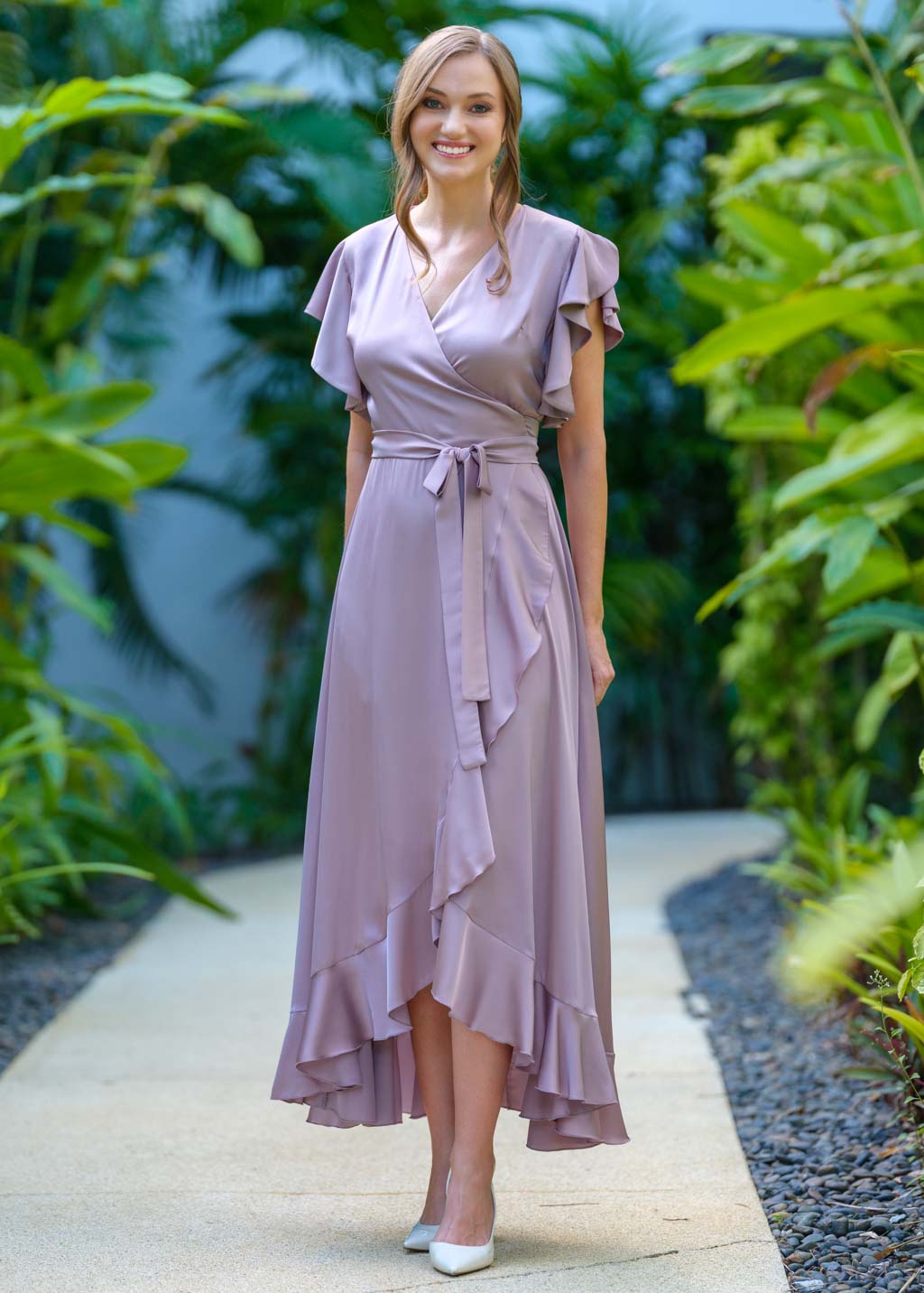 Taupe wrap silk dress