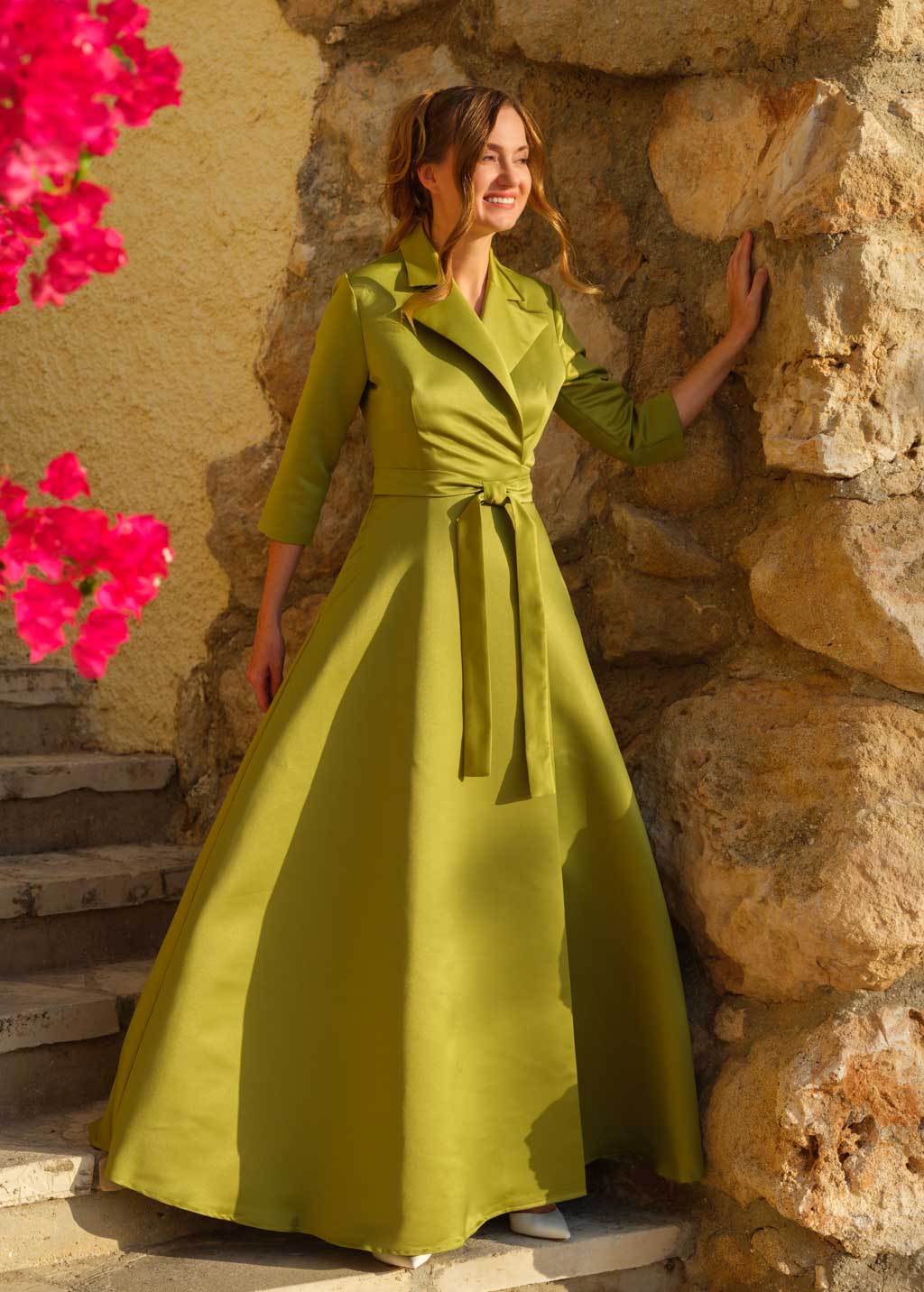 Mother of the Bride & Groom olive satin wrap dress