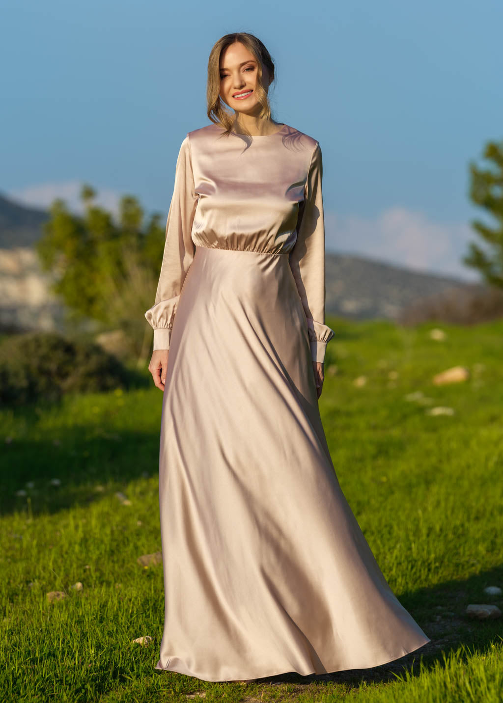 Champagne beige silk long dress
