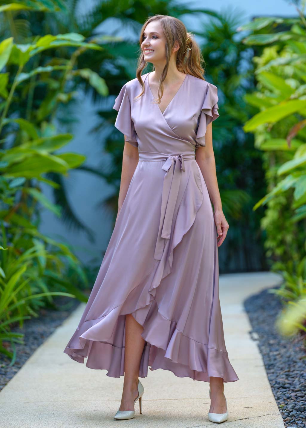 Taupe wrap silk dress