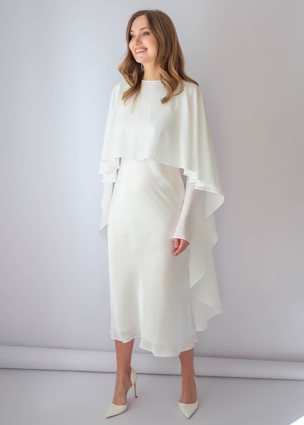 Ivory Silk Wedding Dress with Detachable Chiffon Cape