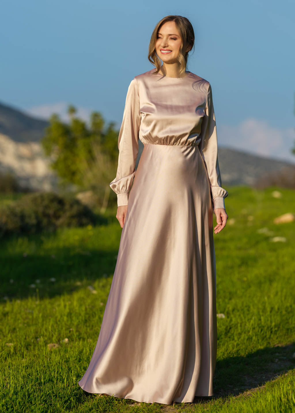Champagne beige silk long dress