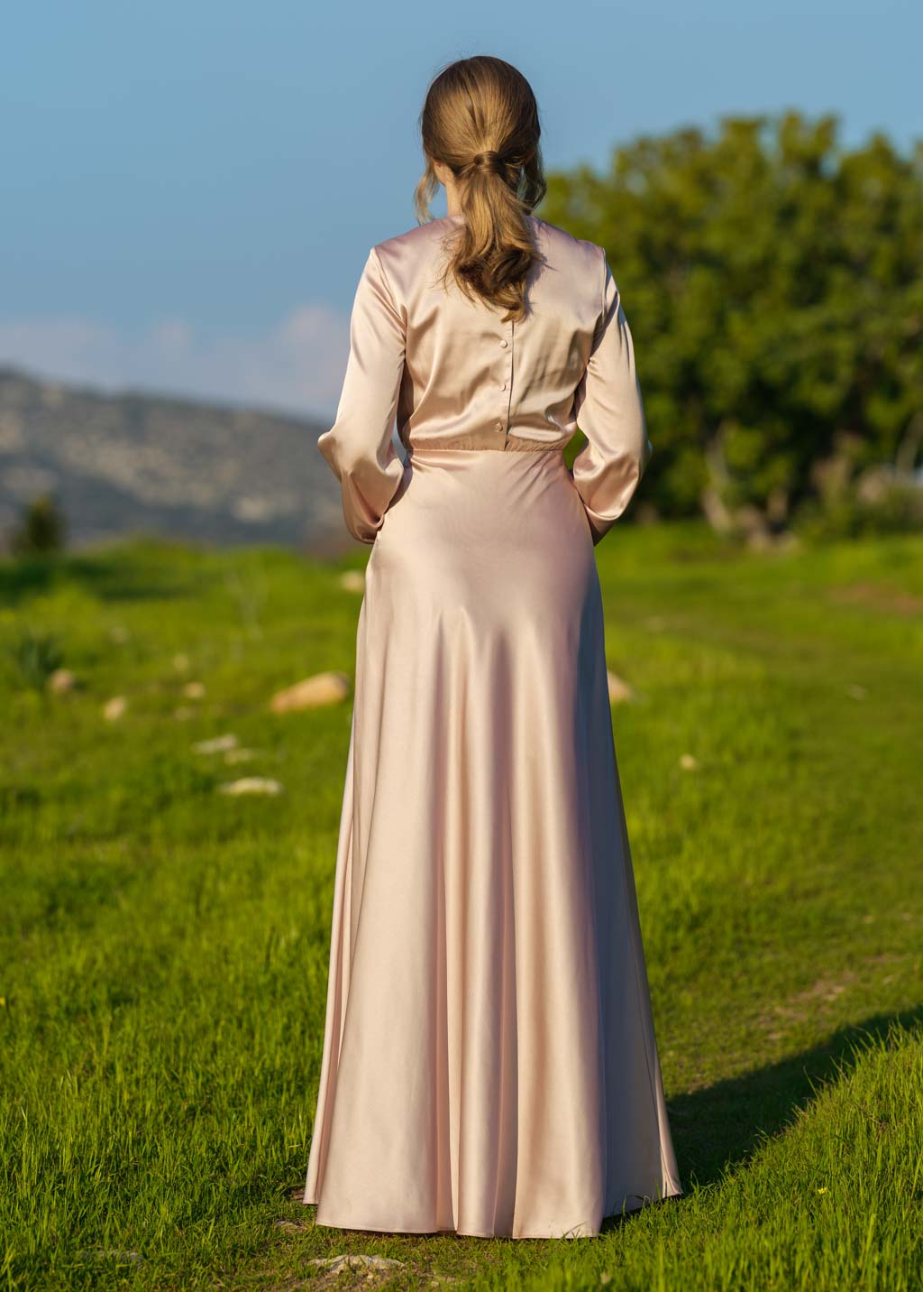 Champagne beige silk long dress
