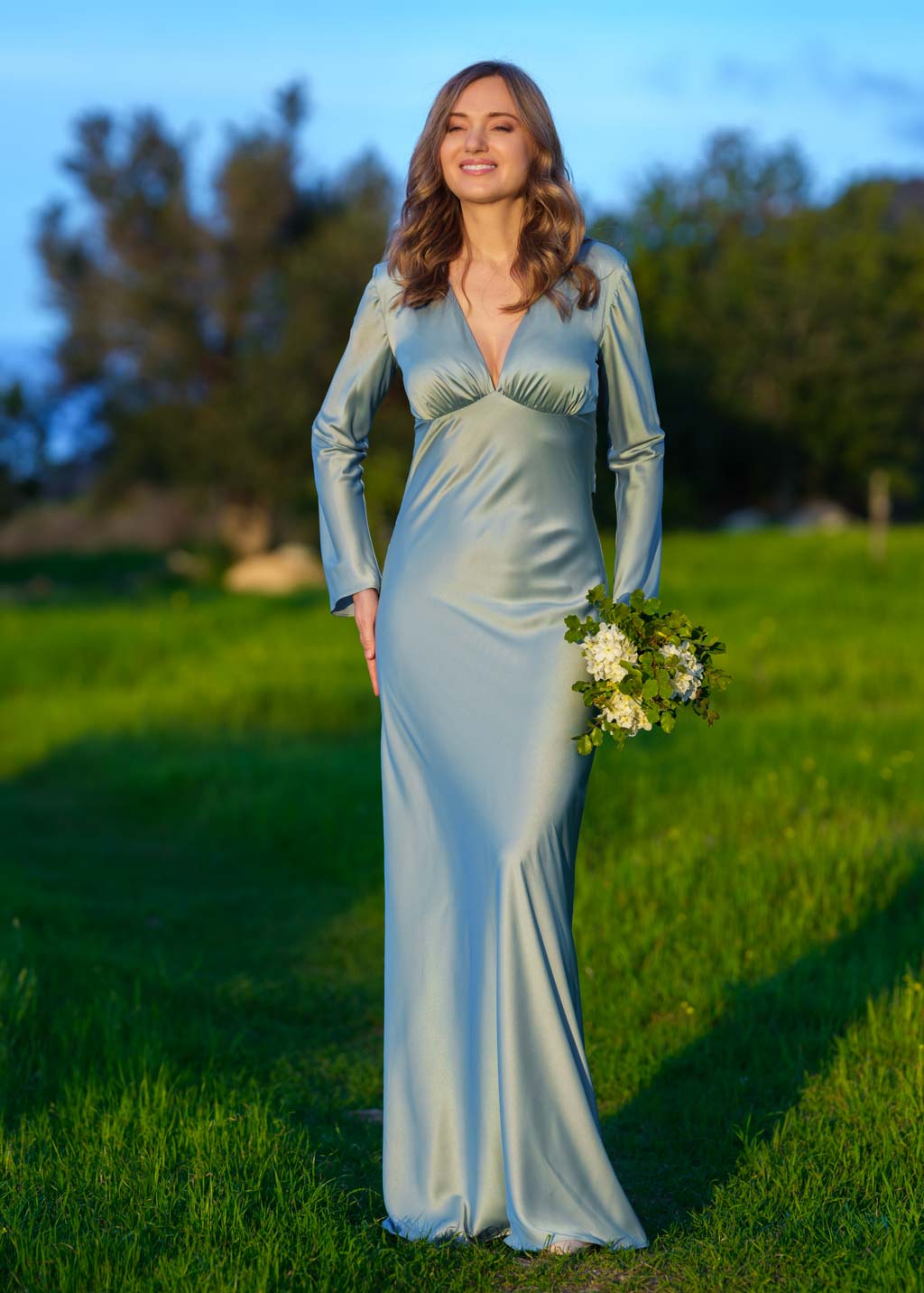 Sage green silk long dress