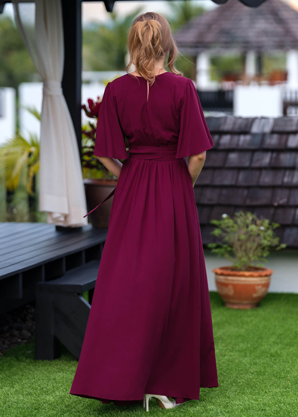 Burgundy slit dress with belt