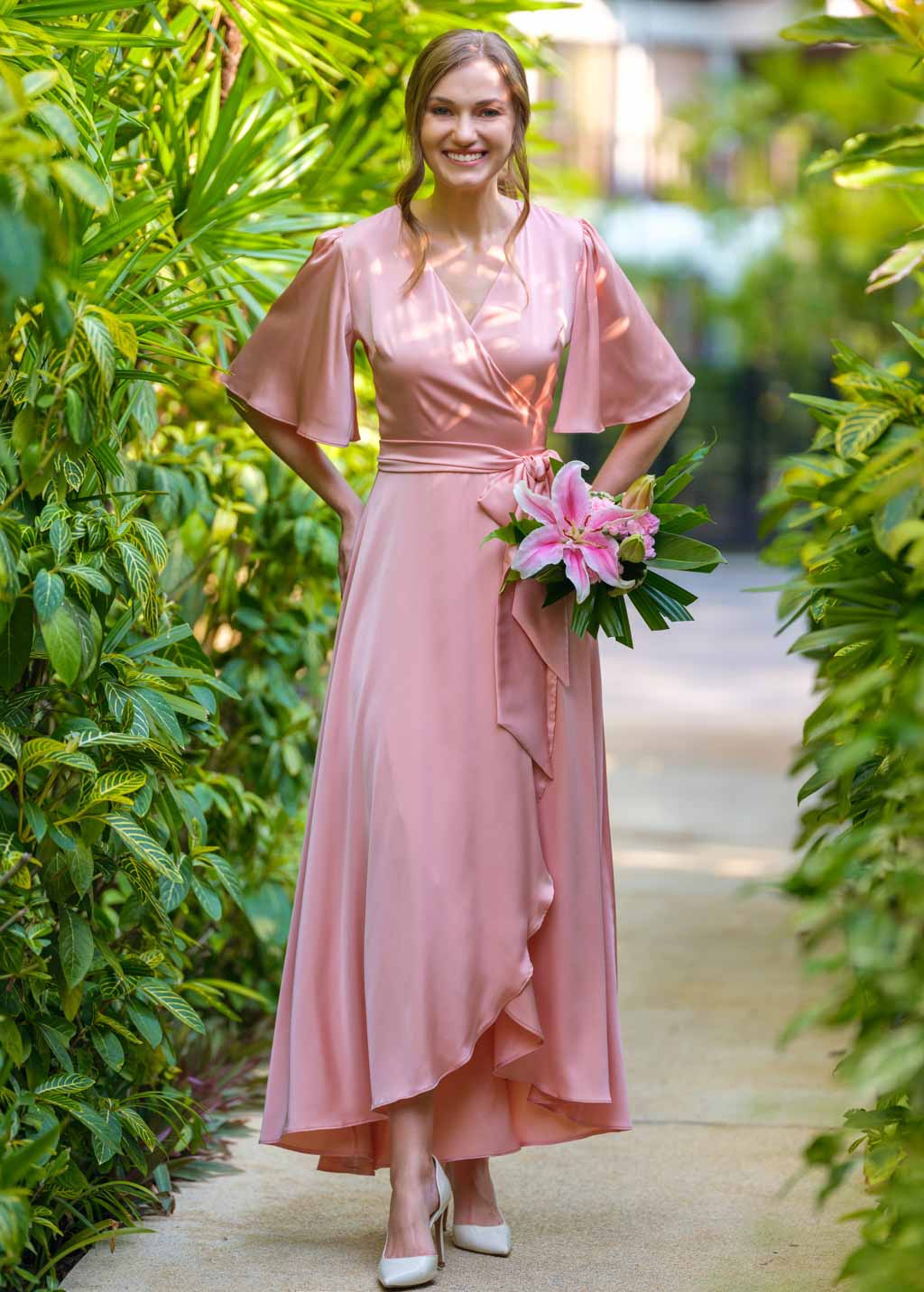 Blush pink silk long wrap dress