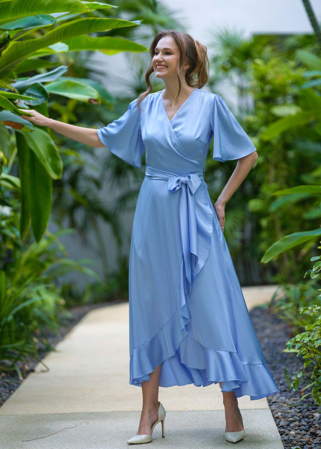 Baby blue wrap silk dress