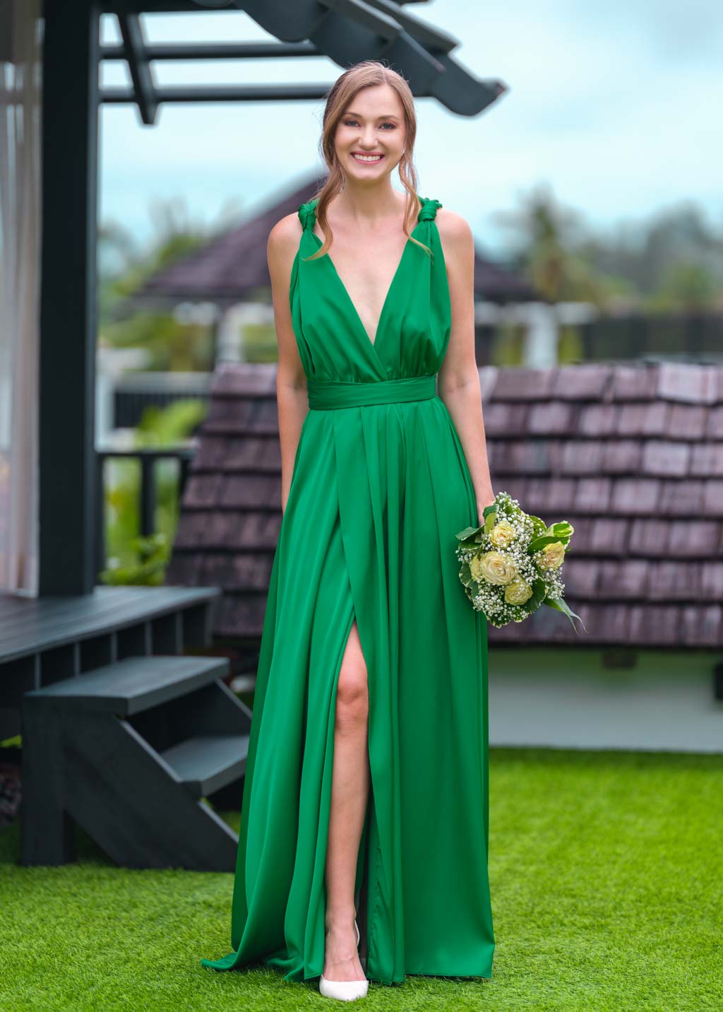 Green infinity slit long dress
