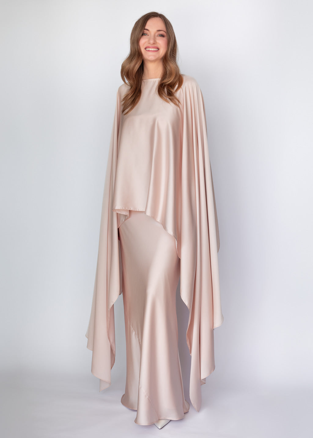 Light Champagne Silk Dress & Detachable Cape
