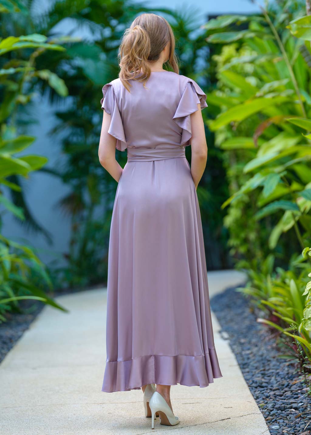 Taupe wrap silk dress