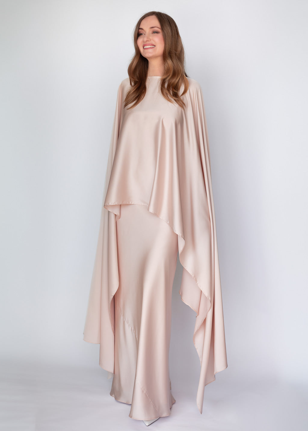 Light Champagne Silk Dress & Detachable Cape