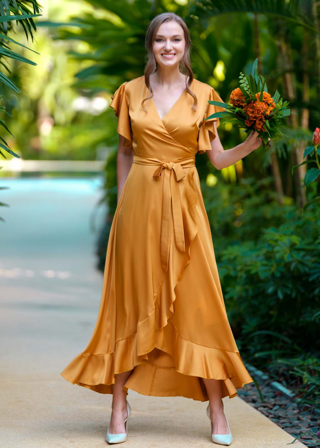 Gold wrap silk dress