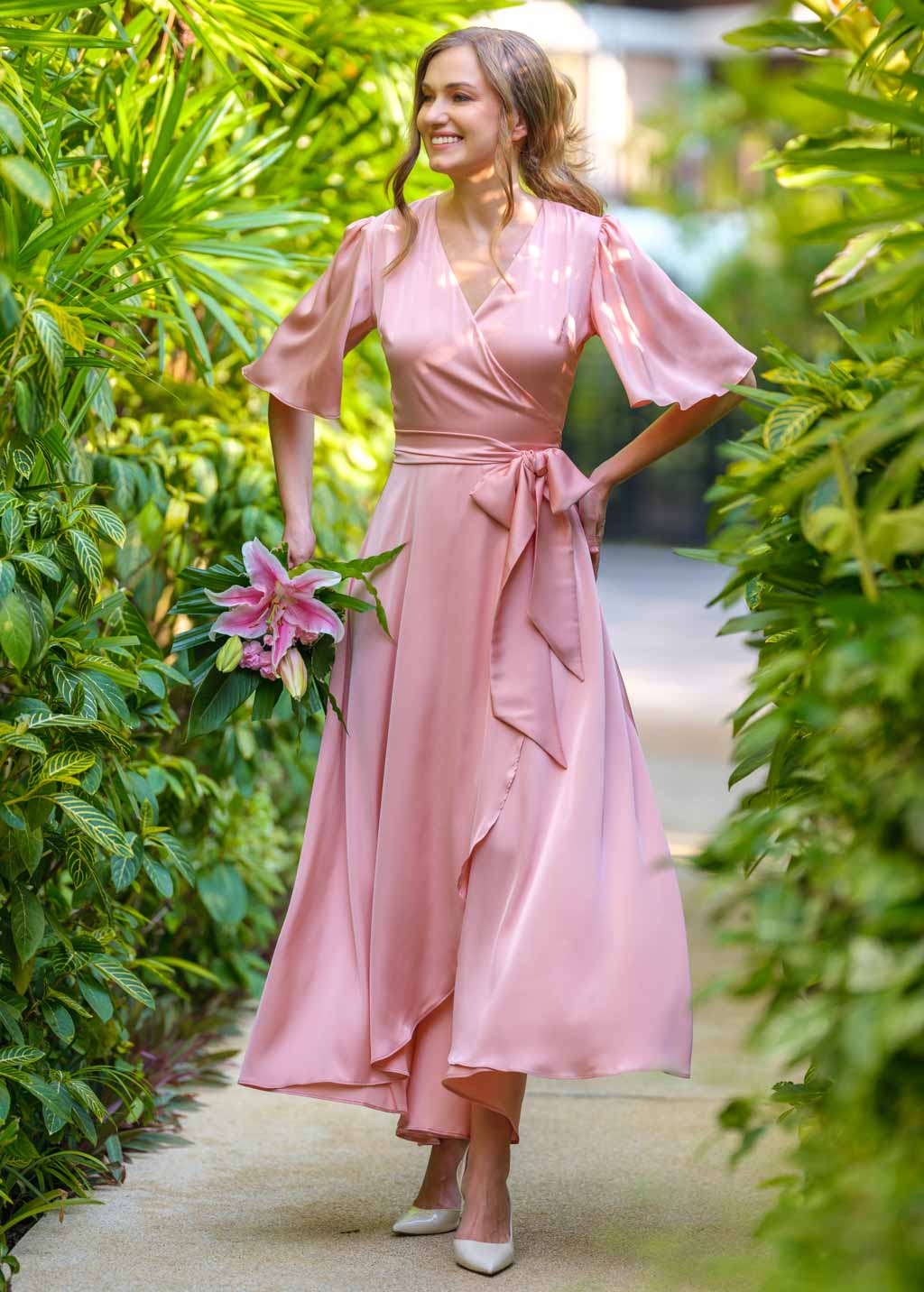 Blush pink silk long wrap dress