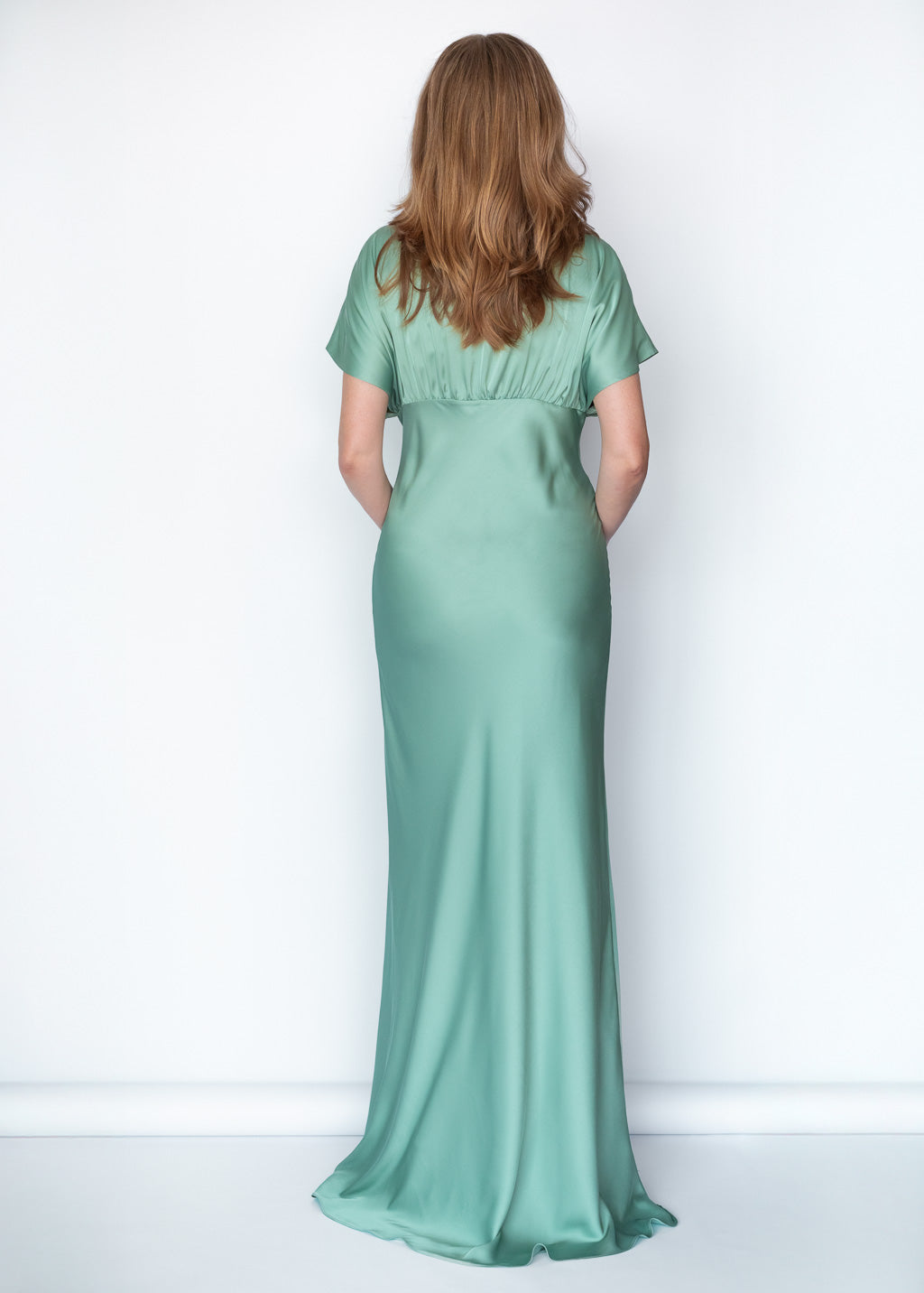 Sage Green Silk Gown with Flutter Sleeves
