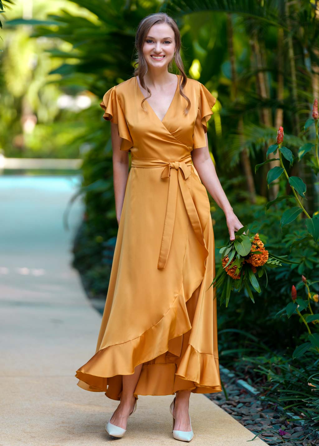 Gold wrap silk dress