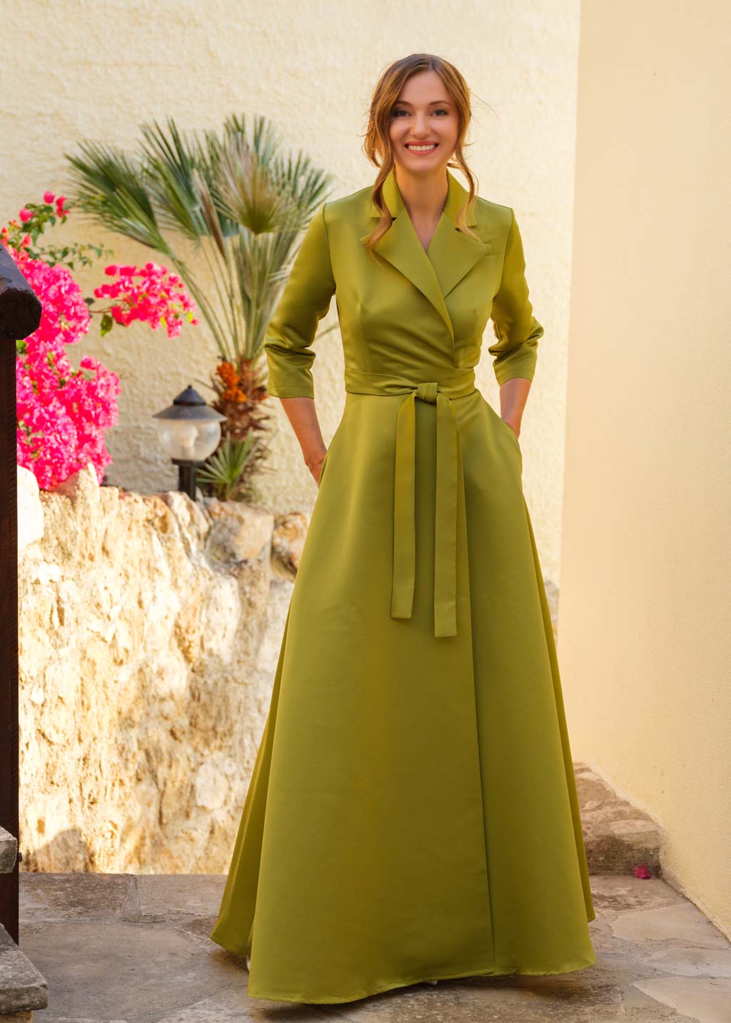 Mother of the Bride & Groom olive satin wrap dress