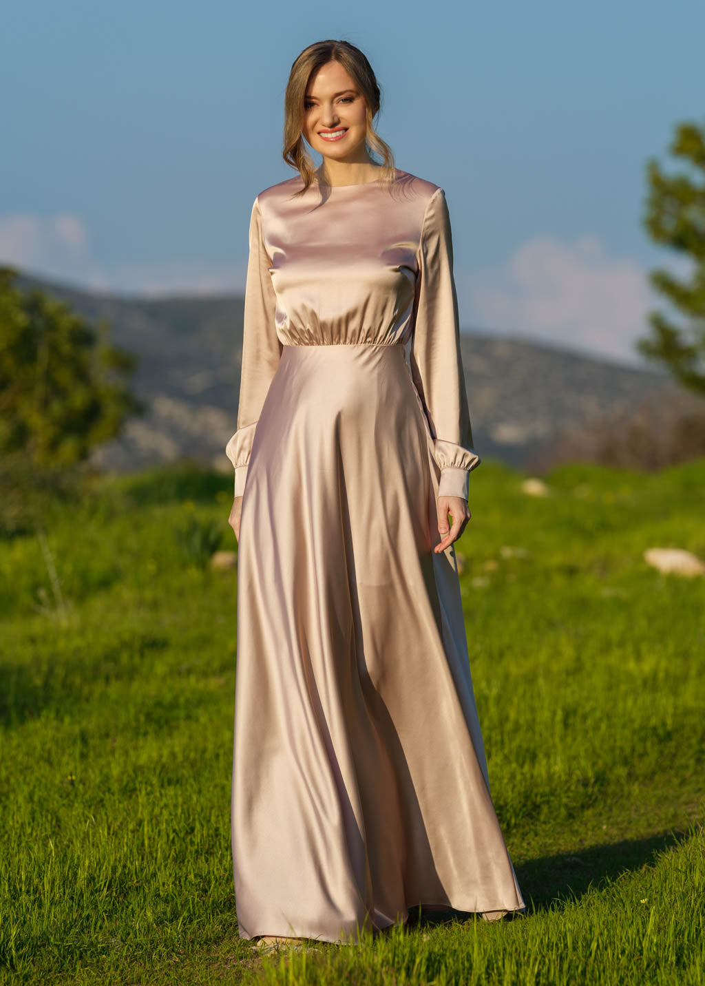 Champagne beige silk long dress