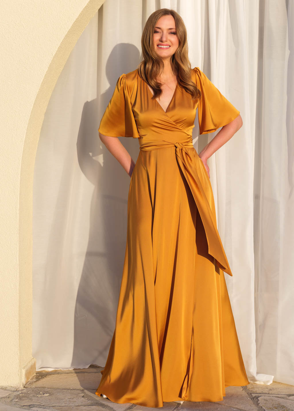 Silk gold wrap dress