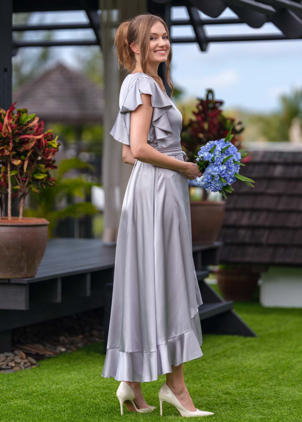 Silver Grey wrap silk dress