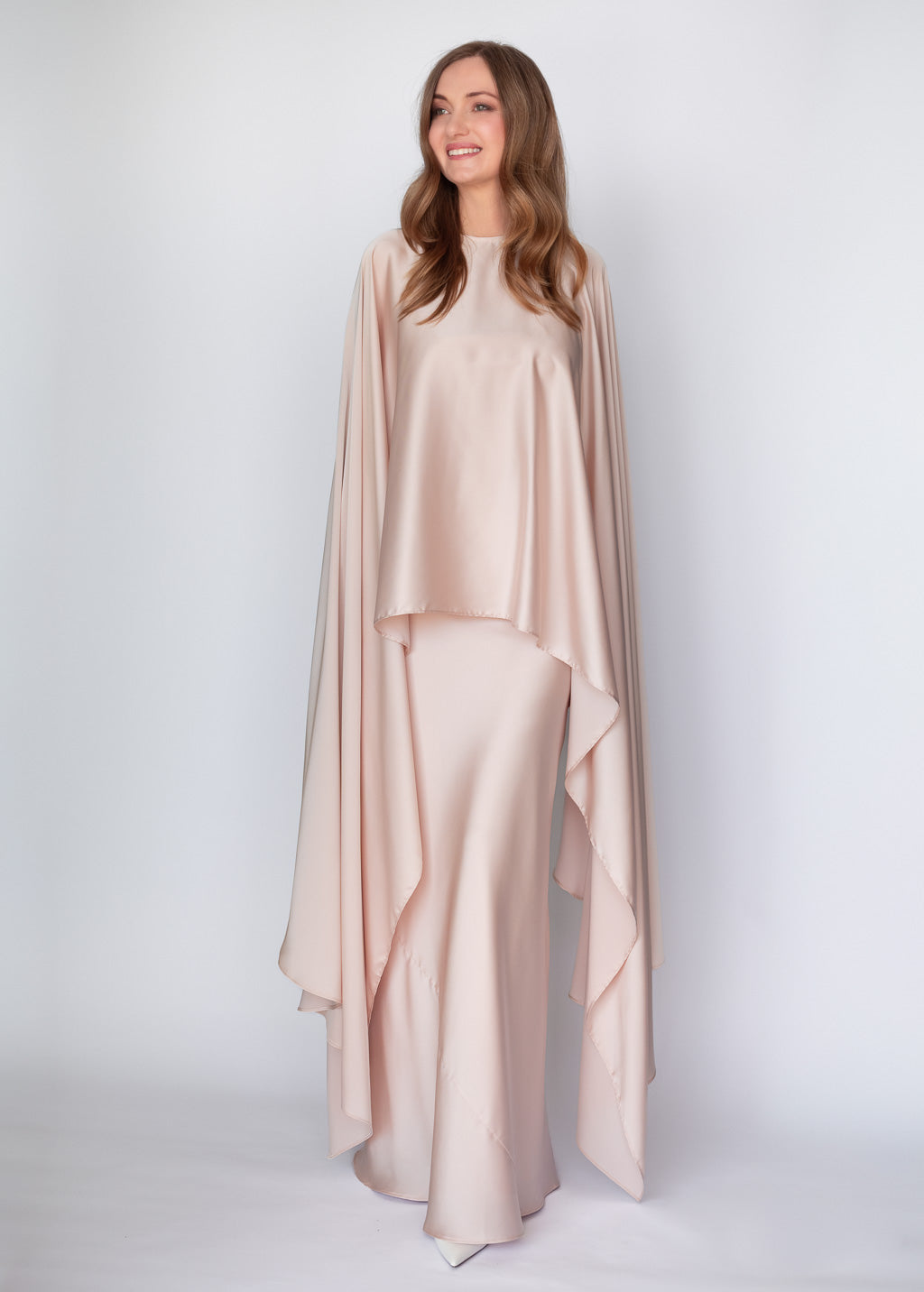 Light Champagne Silk Dress & Detachable Cape