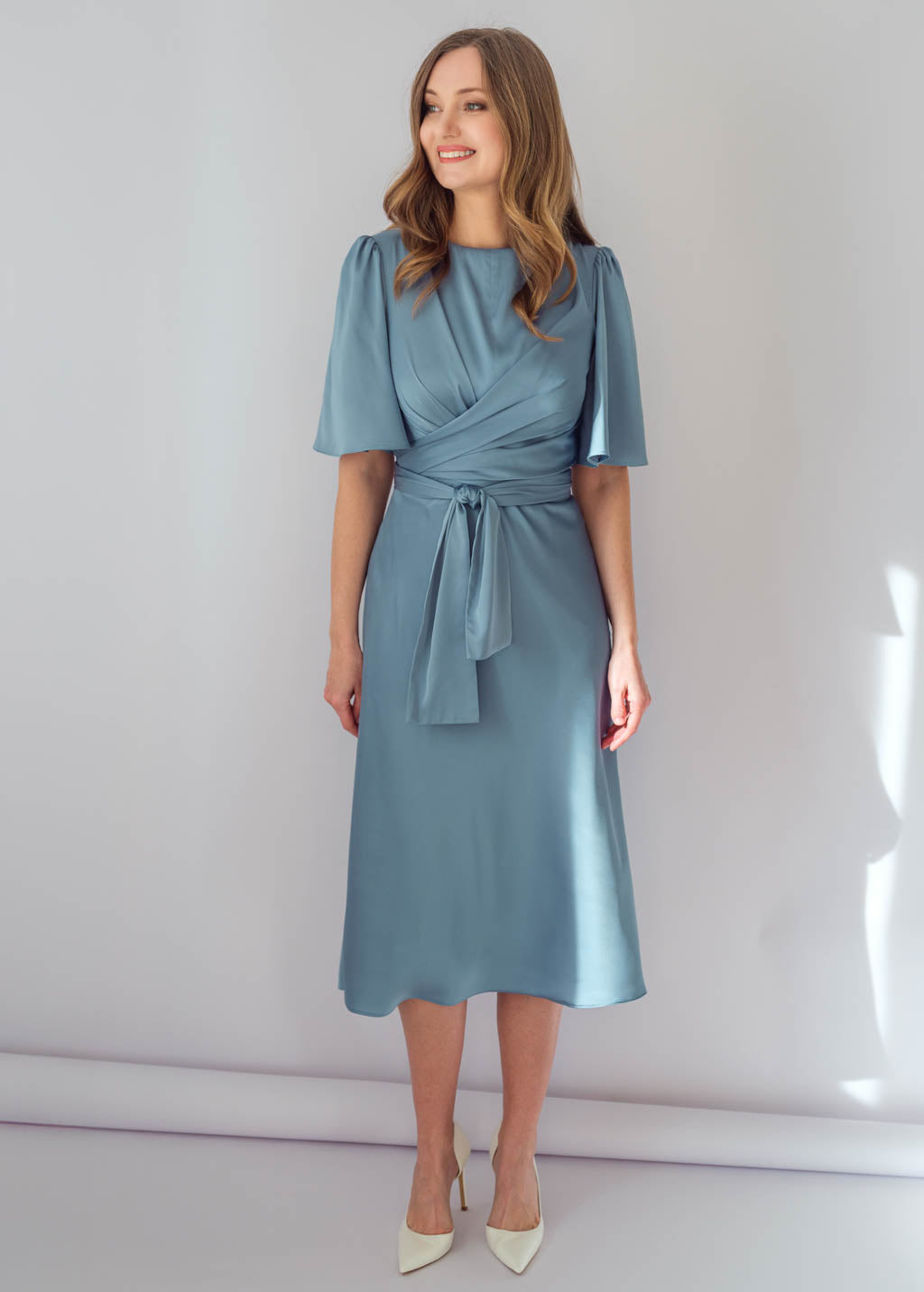 Silk midi dress in Dusty Blue with flutter sleeves and versatile belt tie