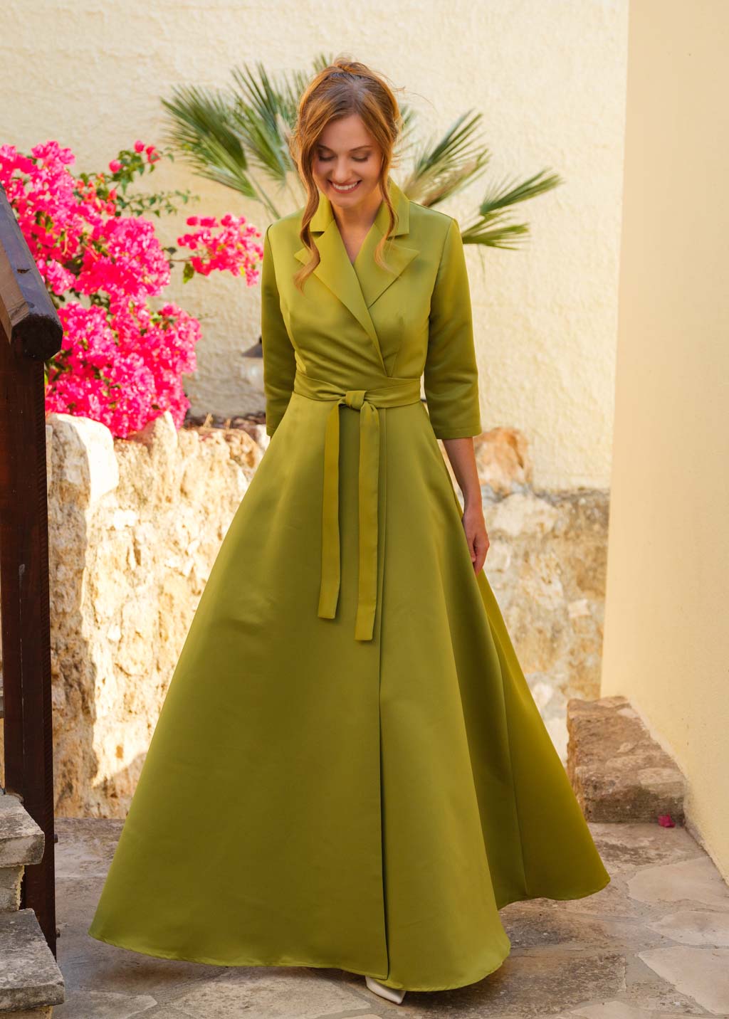 Mother of the Bride & Groom olive satin wrap dress