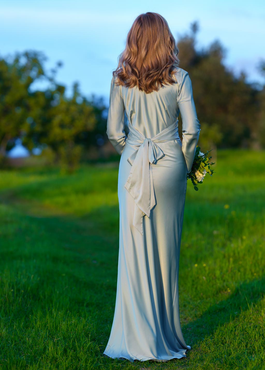 Sage green silk long dress