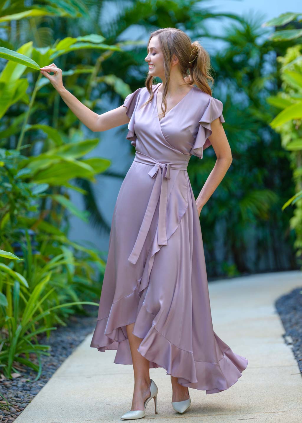 Taupe wrap silk dress