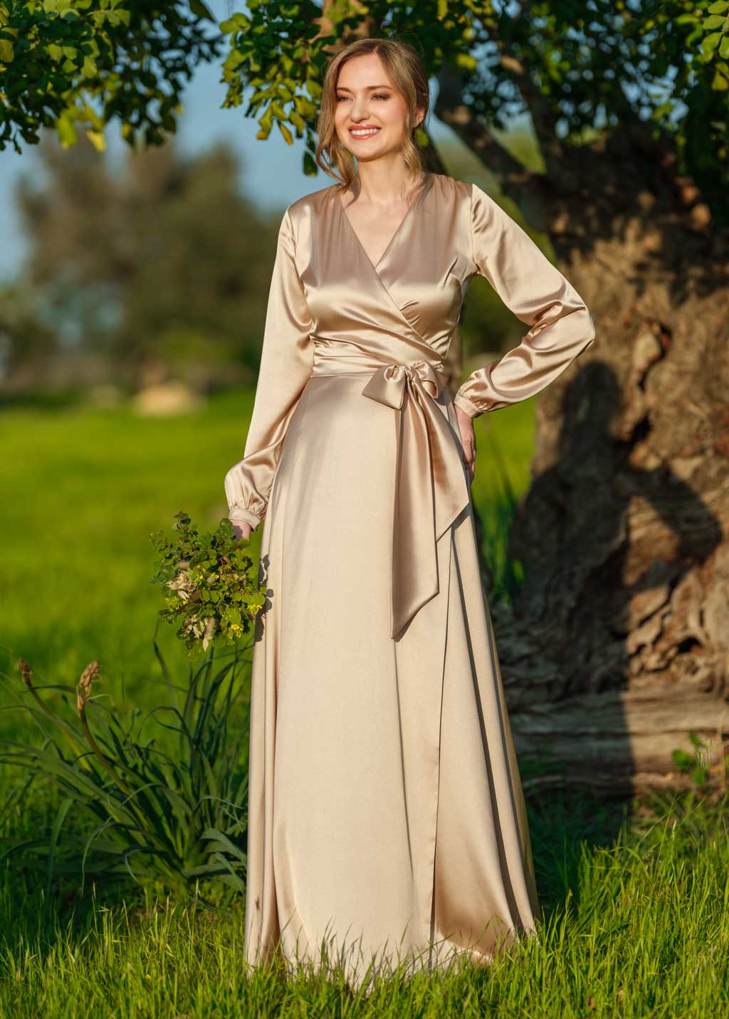 Champagne gold long silk wrap dress