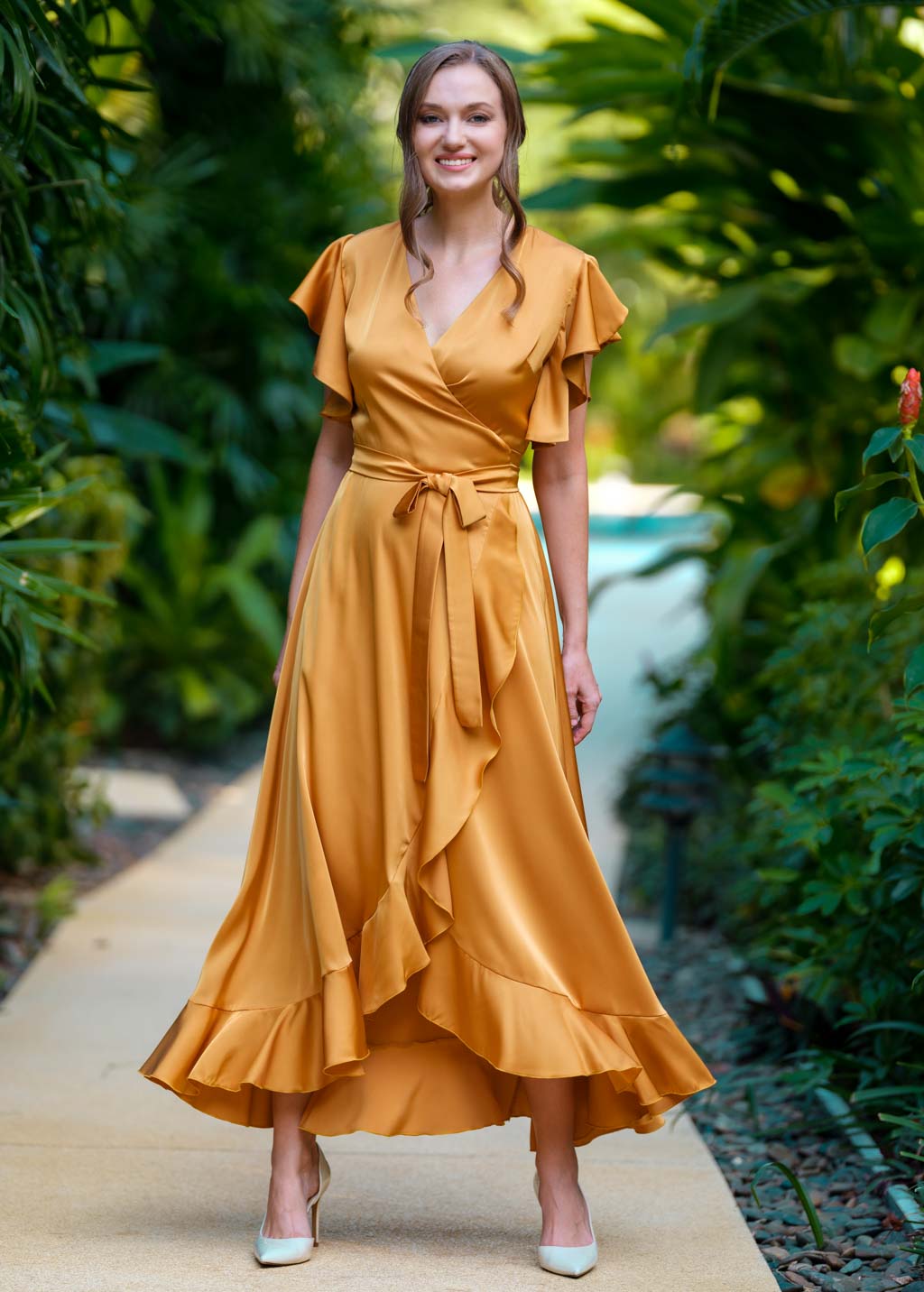 Gold wrap silk dress