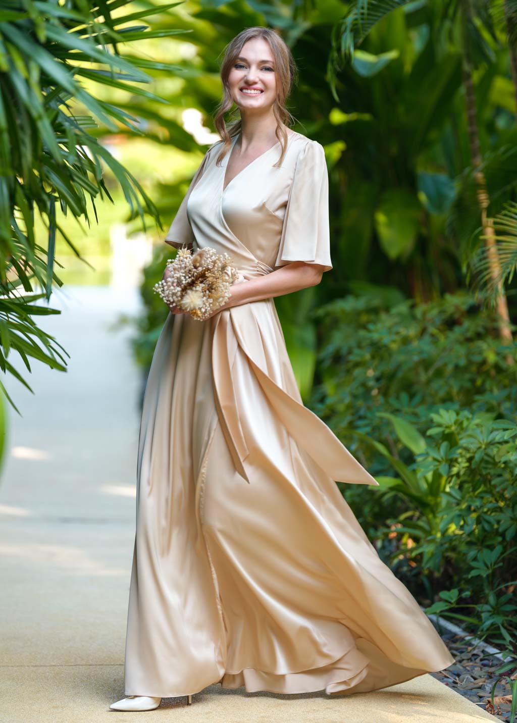 Champagne gold wrap long dress