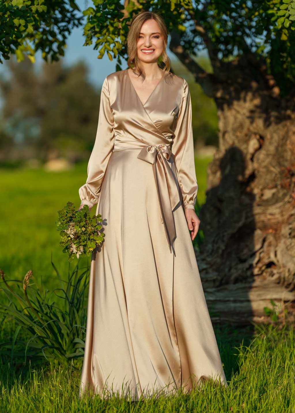 Champagne gold long silk wrap dress