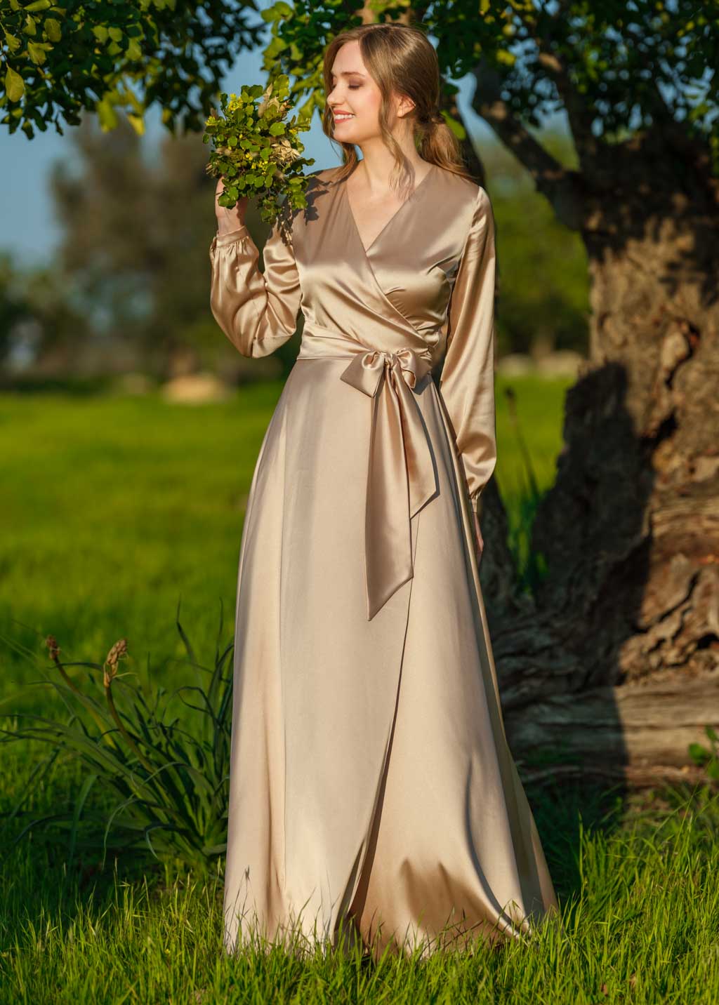 Champagne gold long silk wrap dress