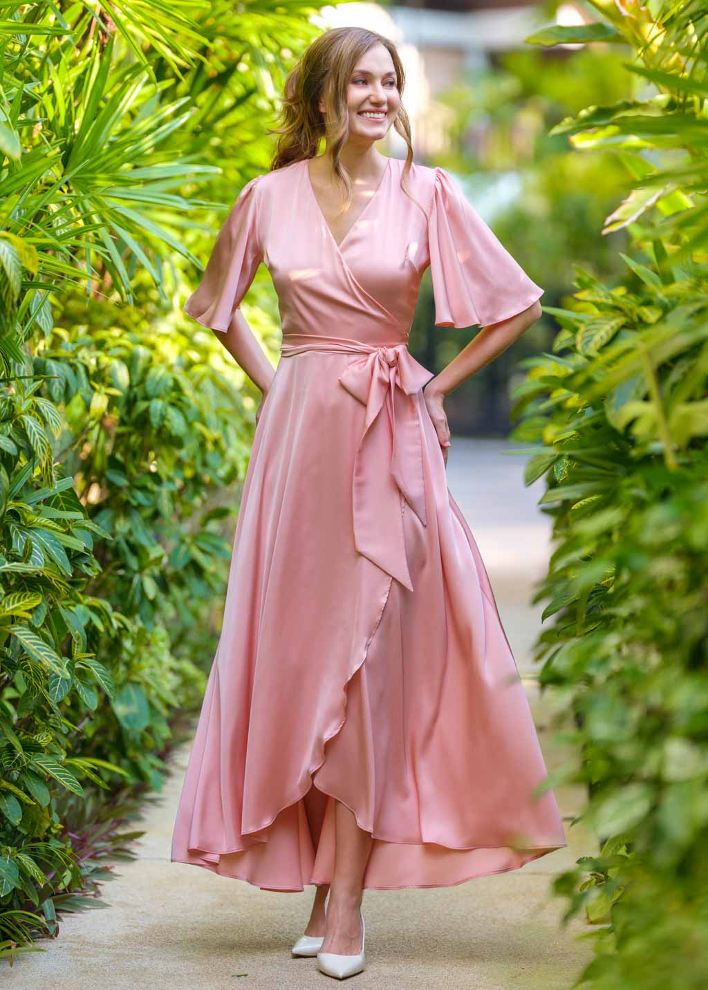 Blush pink silk long wrap dress