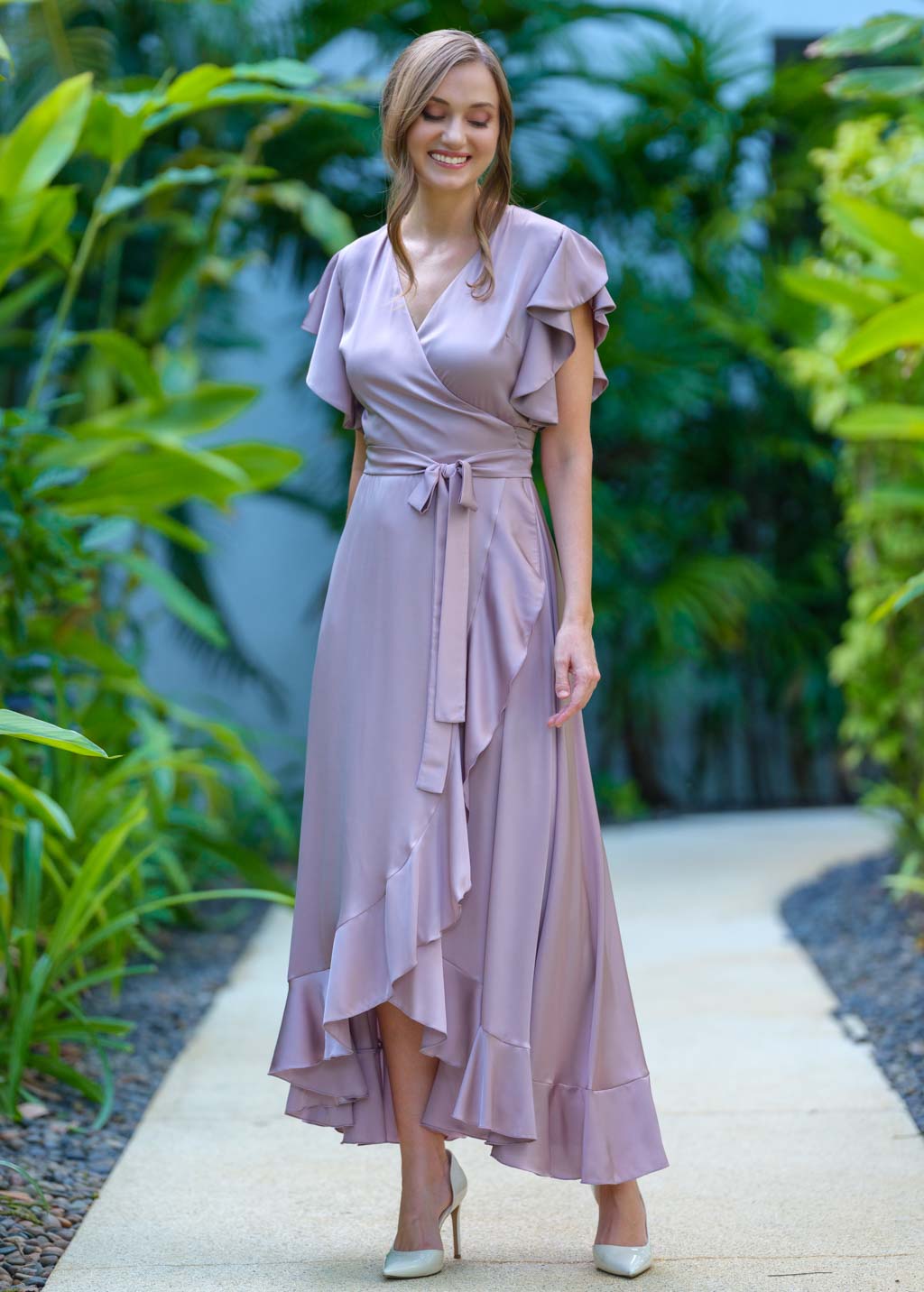 Taupe wrap silk dress