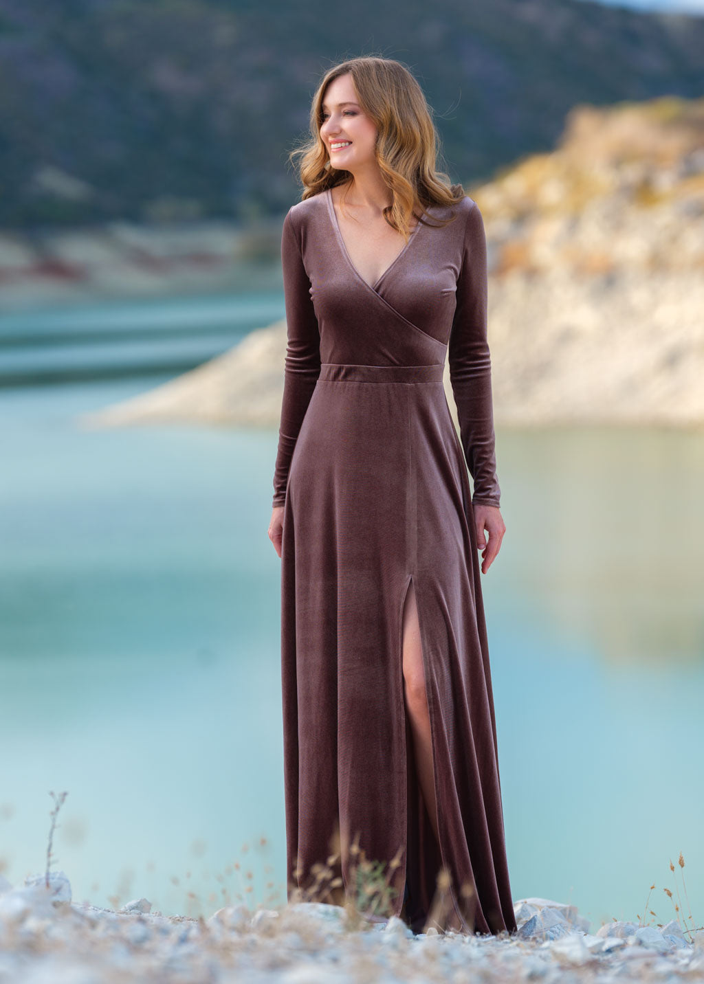 Taupe velvet slit wrap dress