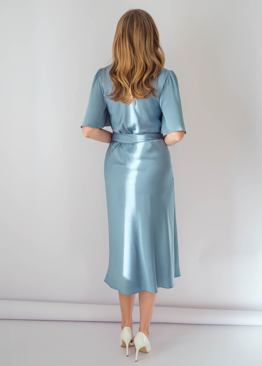 Silk midi dress in Dusty Blue with flutter sleeves and versatile belt tie